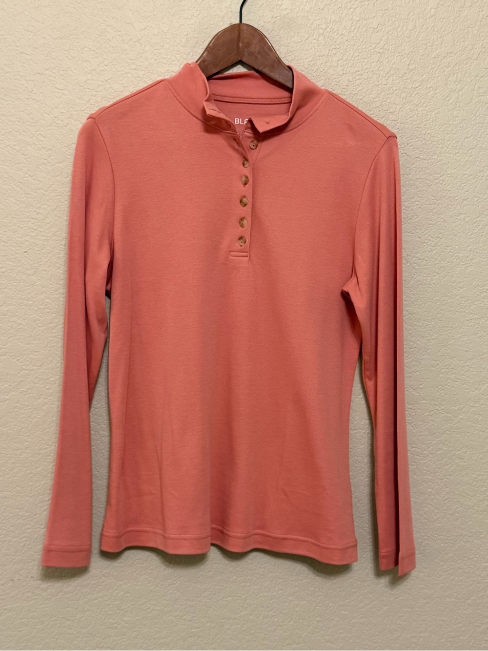 Blair Coral Pink Button Henley Mock Neck Long Sleeve Top Size Small